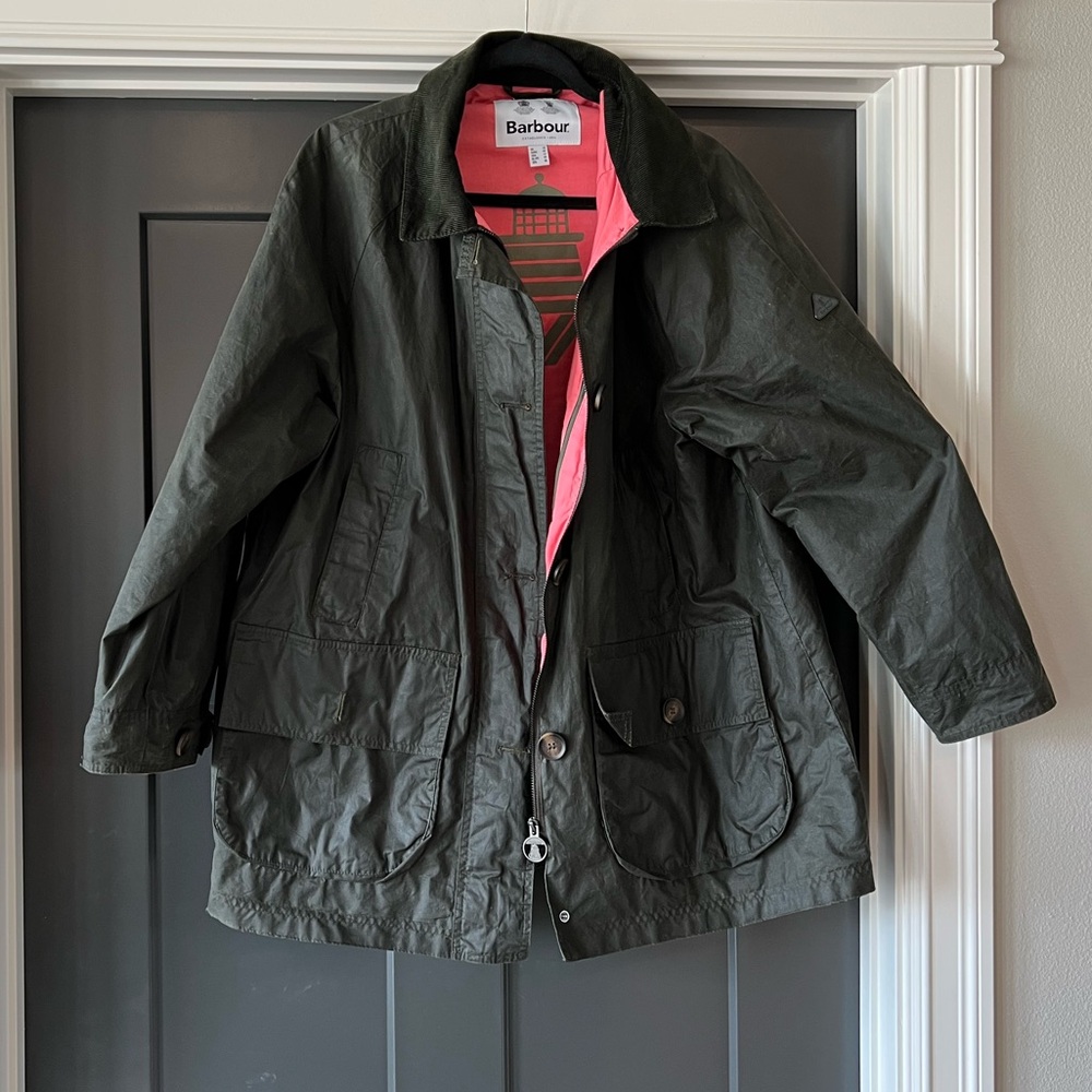 Barbour Olive Light Wax Jacket with Coral Interior